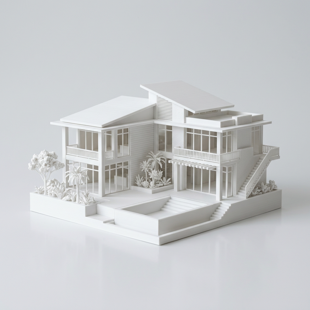 Maket arsitektur rumah tropis modern hasil cetak 3D berwarna putih