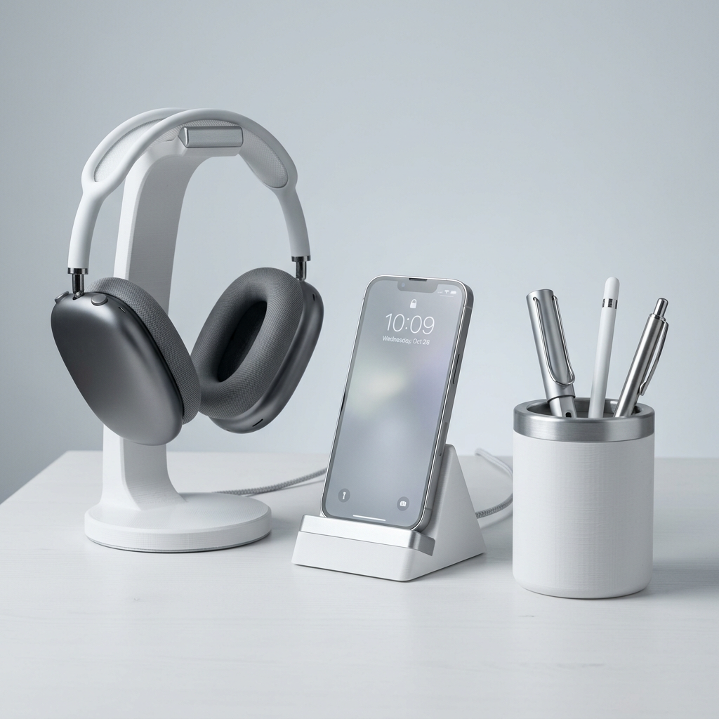 Set aksesoris meja cetak 3D: stand headphone, dock ponsel, dan tempat pena