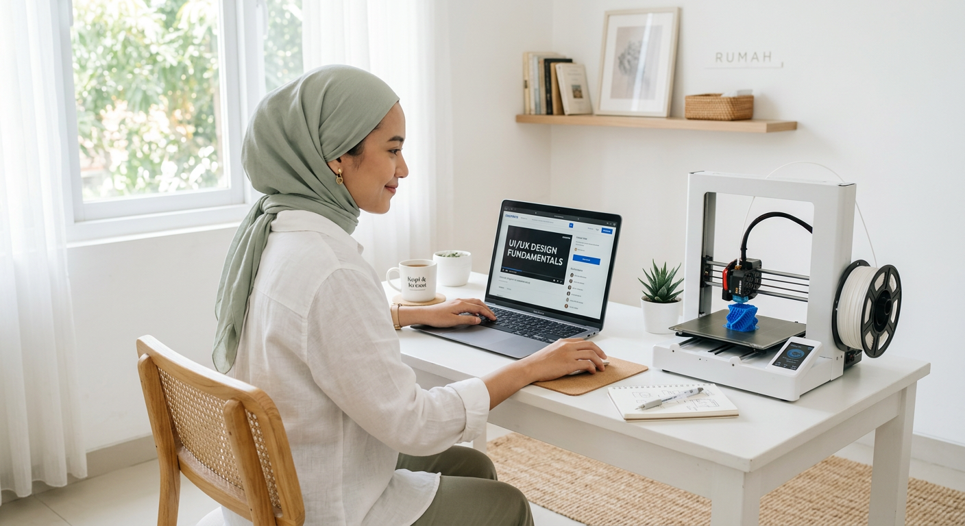 Wanita bekerja dari rumah belajar kursus online di samping printer 3D