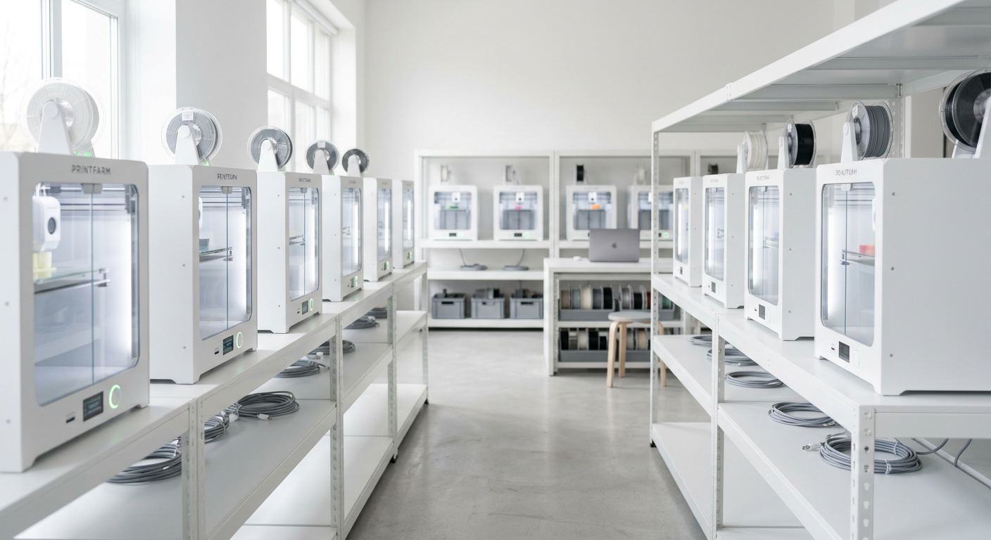Deretan printer 3D putih di sebuah print farm yang rapi